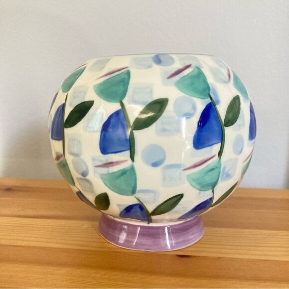 Anthropologie Vase Hand Painted Abstract Floral Blue Purple Green - Picture 2 of 8